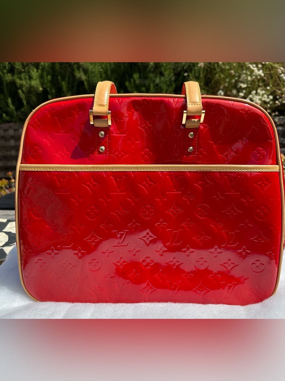 Louis Vuitton Red Patent Vernis Monogram Sutton Satchel with Natural Trim